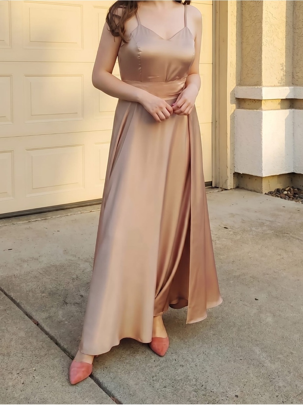 Elegant Champagne Taupe Satin Gown Custom Formal Dress Tall Girl L XL Prom